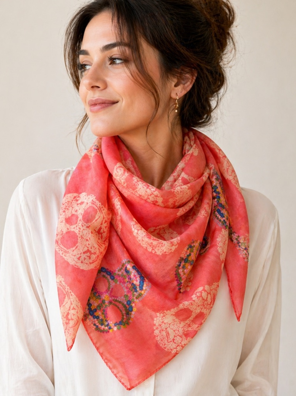 Cherie Bliss Coral Skull Print Scarf 50x50 Viscose Boho Chic Lightweight
